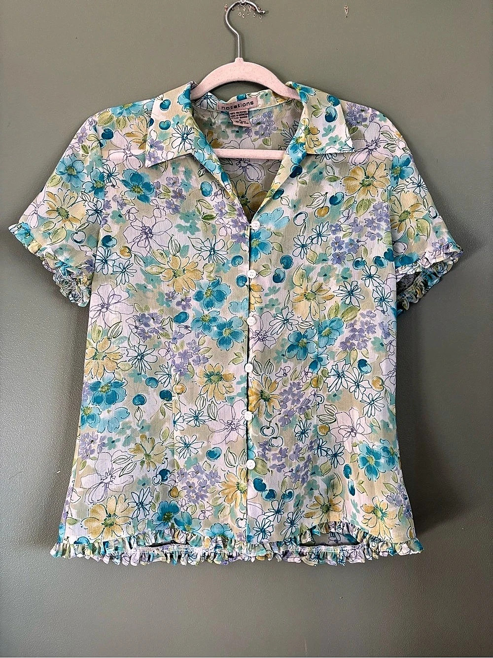 Vintage Y2K Notations Floral Ruffle Blouse Medium Cottagecore Button Front